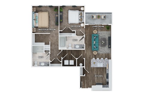 Floor plan for 2 beds, 2 baths, 1055 sqft
